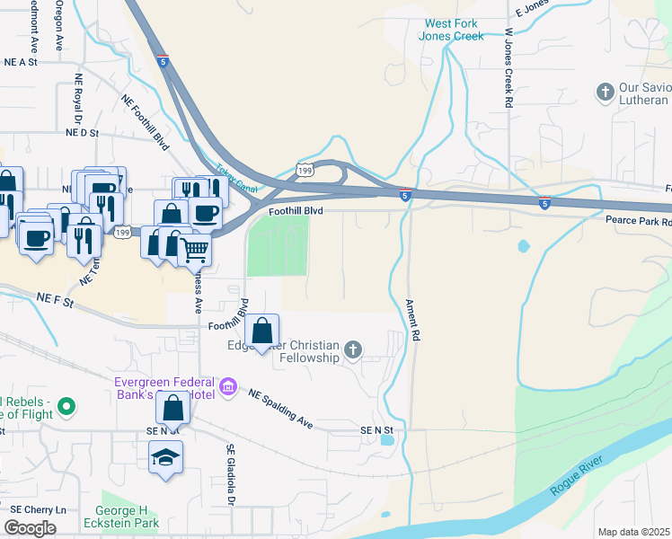 map of restaurants, bars, coffee shops, grocery stores, and more near 502 Aurora Avenue in Grants Pass