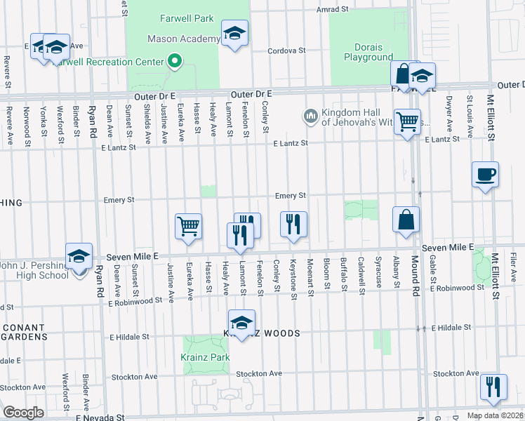 map of restaurants, bars, coffee shops, grocery stores, and more near 19208 Fenelon Street in Detroit