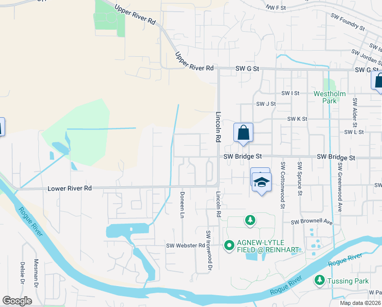 map of restaurants, bars, coffee shops, grocery stores, and more near 2153 Southwest Bridge Street in Grants Pass