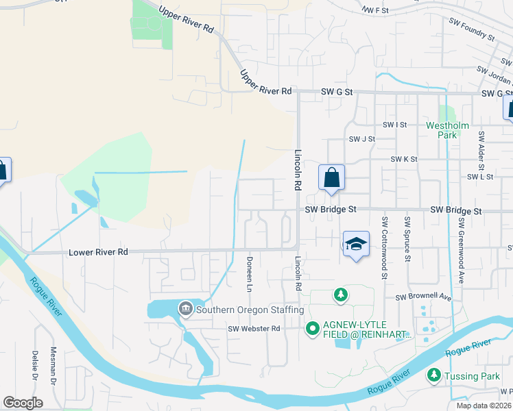 map of restaurants, bars, coffee shops, grocery stores, and more near 2239 Southwest Bridge Street in Grants Pass