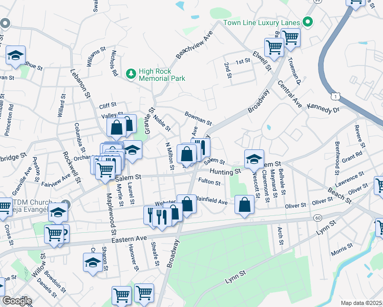 map of restaurants, bars, coffee shops, grocery stores, and more near 354 Broadway in Malden