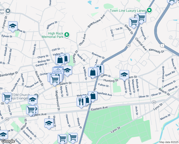 map of restaurants, bars, coffee shops, grocery stores, and more near 36 Home Street in Malden