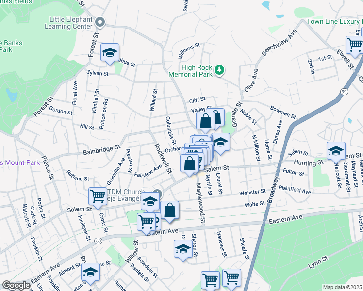 map of restaurants, bars, coffee shops, grocery stores, and more near 42 Orchard Street in Malden