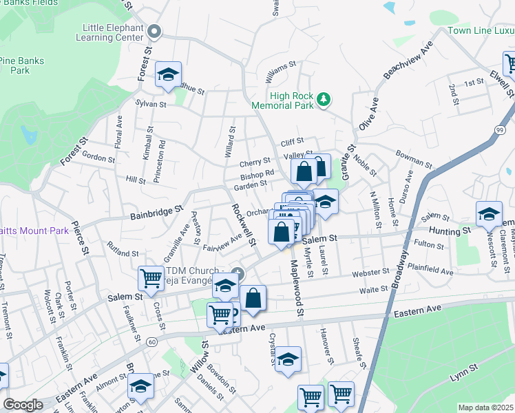map of restaurants, bars, coffee shops, grocery stores, and more near 75 Orchard Street in Malden