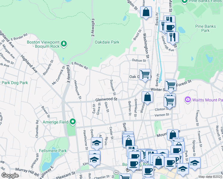 map of restaurants, bars, coffee shops, grocery stores, and more near 243 Summer Street in Malden