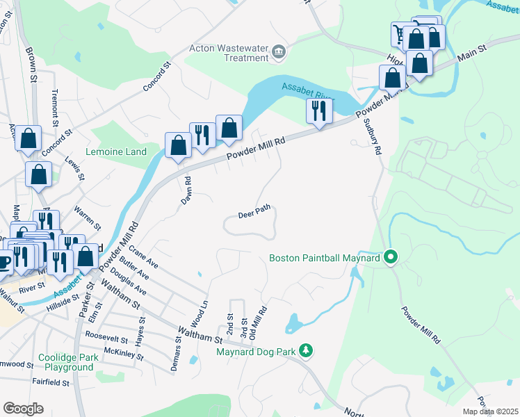 map of restaurants, bars, coffee shops, grocery stores, and more near 24 Deer Path in Maynard