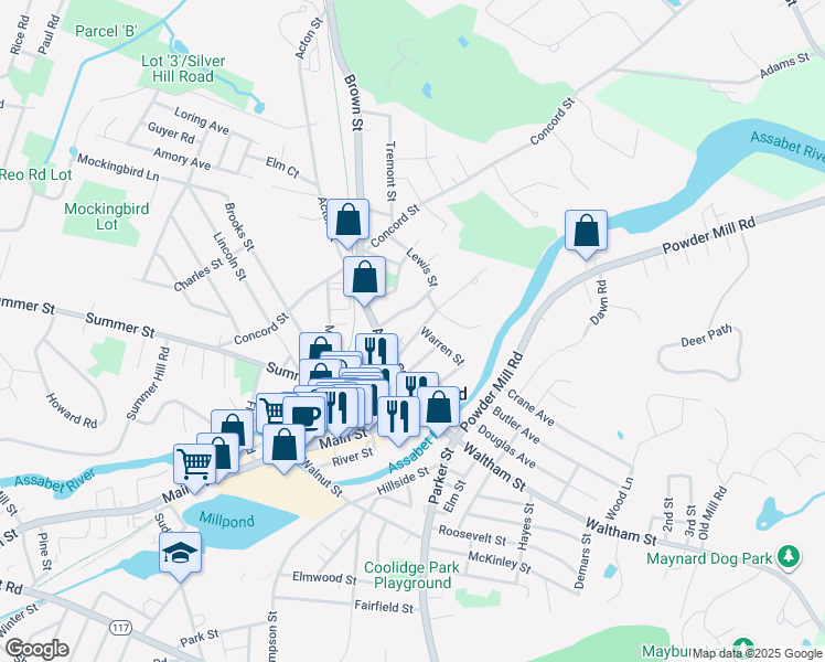 map of restaurants, bars, coffee shops, grocery stores, and more near 23-23A Glendale Street in Maynard
