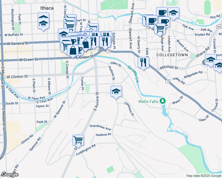 map of restaurants, bars, coffee shops, grocery stores, and more near 418 Hudson Street in Ithaca
