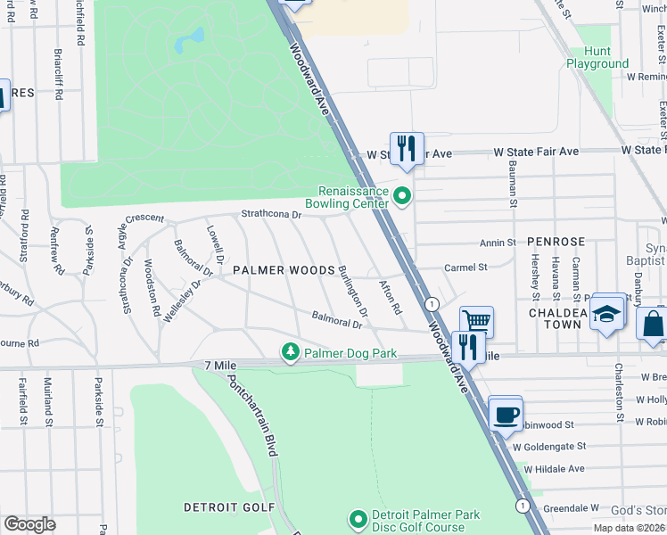 map of restaurants, bars, coffee shops, grocery stores, and more near 19386 Cumberland Way in Detroit