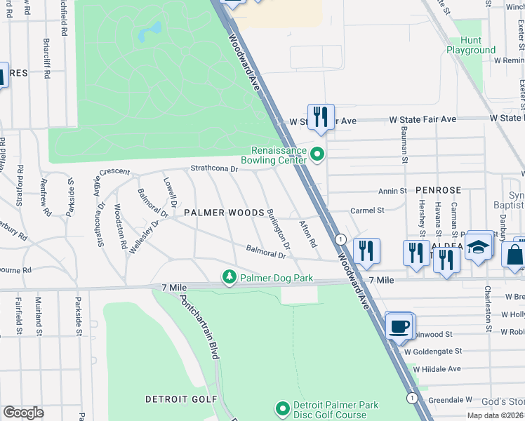 map of restaurants, bars, coffee shops, grocery stores, and more near 19386 Cumberland Way in Detroit