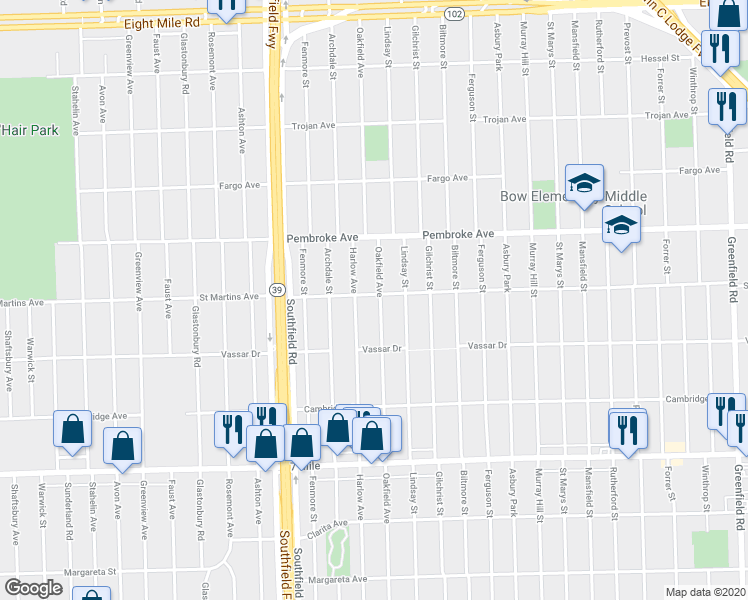 map of restaurants, bars, coffee shops, grocery stores, and more near 19481 Oakfield Avenue in Detroit