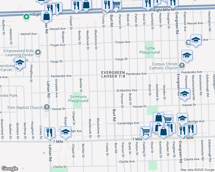 map of restaurants, bars, coffee shops, grocery stores, and more near 19710 Trinity Street in Detroit
