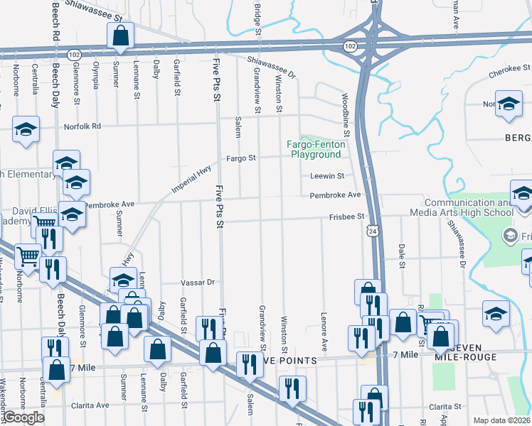 map of restaurants, bars, coffee shops, grocery stores, and more near 24634 Frisbee Street in Detroit