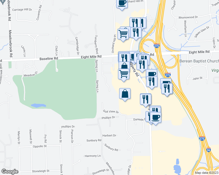 map of restaurants, bars, coffee shops, grocery stores, and more near 20218 Beacon Way in Northville