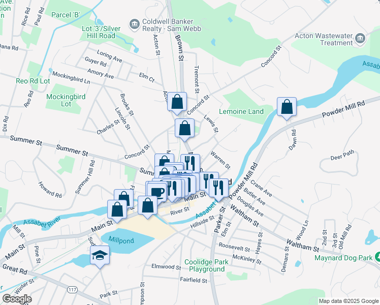 map of restaurants, bars, coffee shops, grocery stores, and more near 108 Nason Street in Maynard