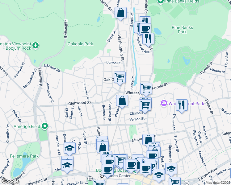 map of restaurants, bars, coffee shops, grocery stores, and more near 21 Glenwood Street in Malden