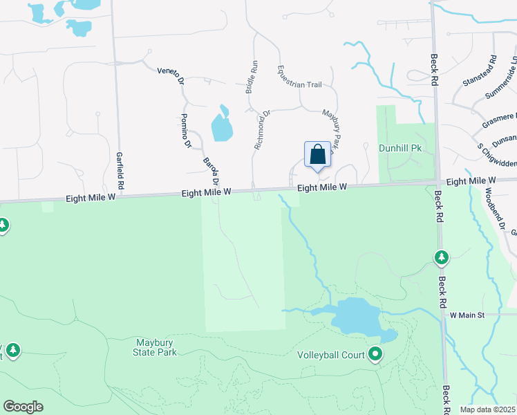 map of restaurants, bars, coffee shops, grocery stores, and more near 48525 8 Mile Road in Northville
