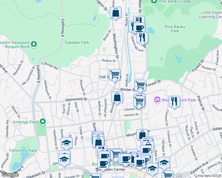 map of restaurants, bars, coffee shops, grocery stores, and more near 21 Glenwood Street in Malden