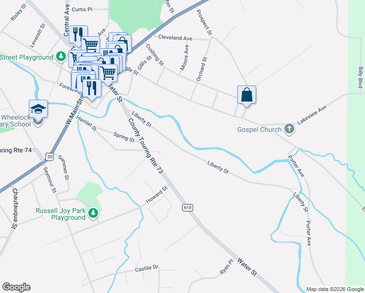 map of restaurants, bars, coffee shops, grocery stores, and more near 111 Liberty Street in Fredonia