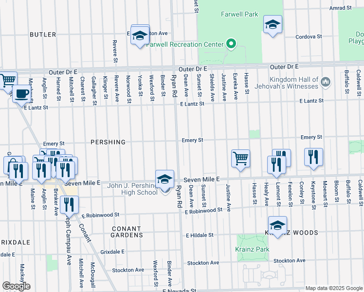 map of restaurants, bars, coffee shops, grocery stores, and more near 19225 Dean Avenue in Detroit