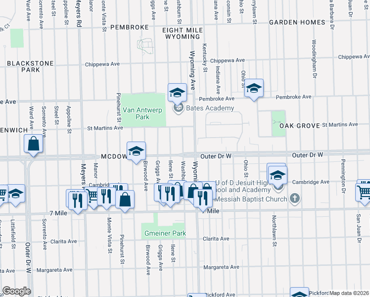 map of restaurants, bars, coffee shops, grocery stores, and more near 3960 Outer Drive West in Detroit