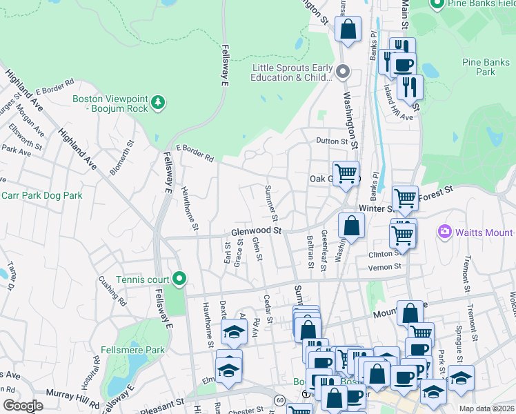 map of restaurants, bars, coffee shops, grocery stores, and more near 20 Winn Terrace in Malden
