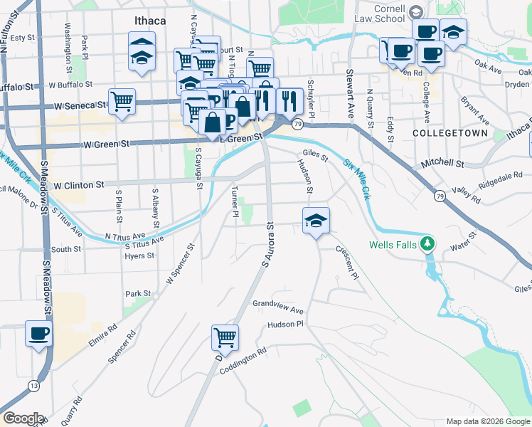 map of restaurants, bars, coffee shops, grocery stores, and more near 506 South Aurora Street in Ithaca