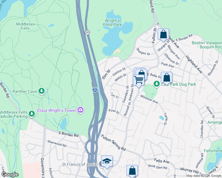 map of restaurants, bars, coffee shops, grocery stores, and more near 0 Bailey Street in Medford