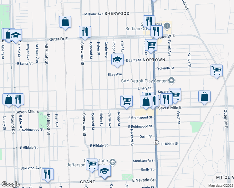 map of restaurants, bars, coffee shops, grocery stores, and more near 19182 Rogge Street in Detroit