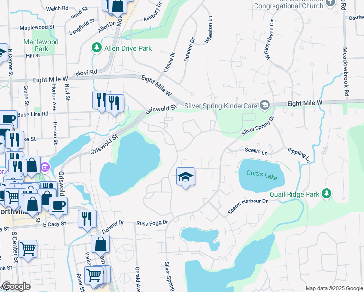 map of restaurants, bars, coffee shops, grocery stores, and more near 43001 Northville Place Drive in Northville