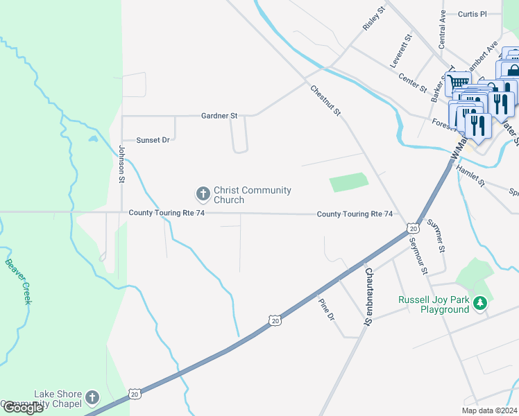 map of restaurants, bars, coffee shops, grocery stores, and more near 155 Berry Road in Fredonia