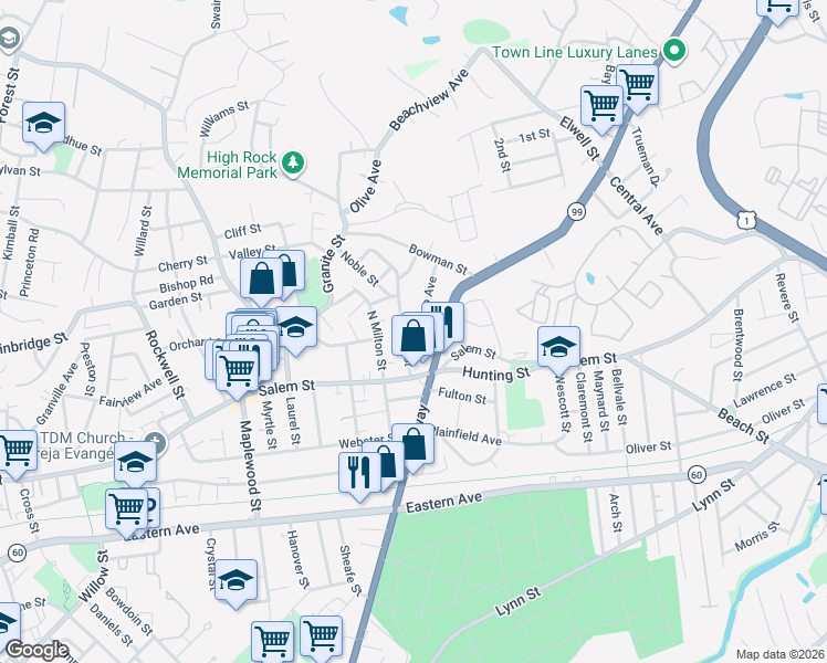 map of restaurants, bars, coffee shops, grocery stores, and more near 36 Home Street in Malden