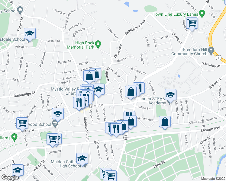 map of restaurants, bars, coffee shops, grocery stores, and more near 29 Dodge Street in Malden