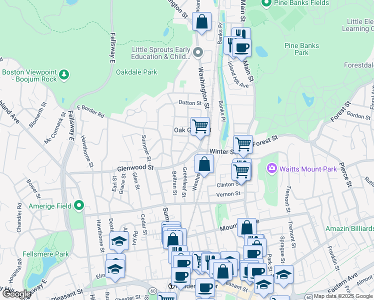 map of restaurants, bars, coffee shops, grocery stores, and more near 21 Glenwood Street in Malden