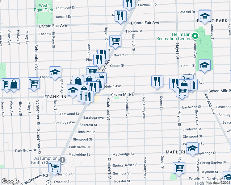 map of restaurants, bars, coffee shops, grocery stores, and more near 14460 Seven Mile East in Detroit