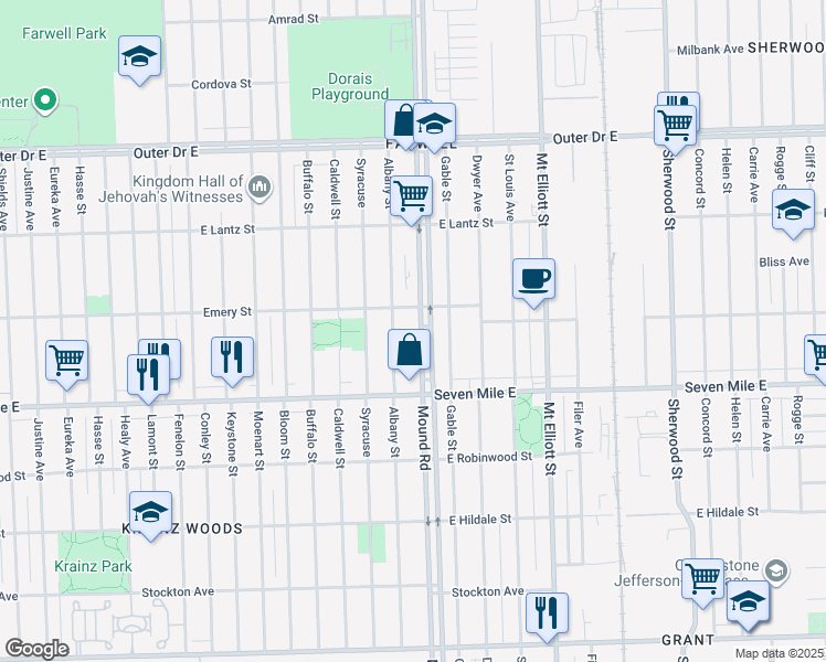 map of restaurants, bars, coffee shops, grocery stores, and more near 19194 Albany Street in Detroit