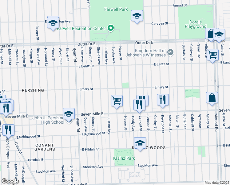 map of restaurants, bars, coffee shops, grocery stores, and more near 19215 Eureka Street in Detroit