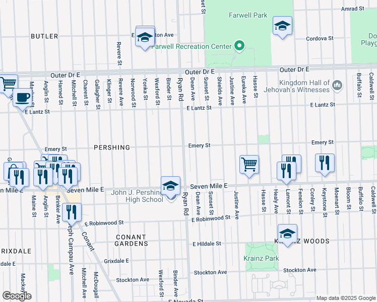 map of restaurants, bars, coffee shops, grocery stores, and more near 19225 Dean Avenue in Detroit