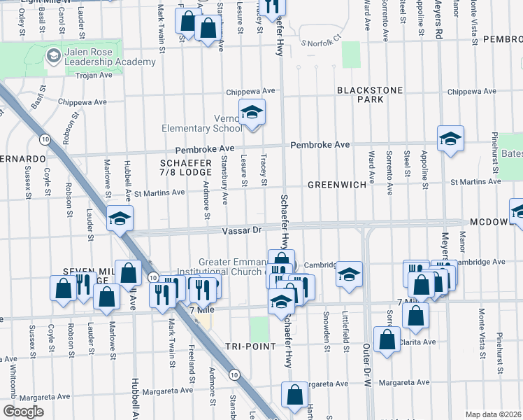 map of restaurants, bars, coffee shops, grocery stores, and more near 13740 Vassar Drive in Detroit