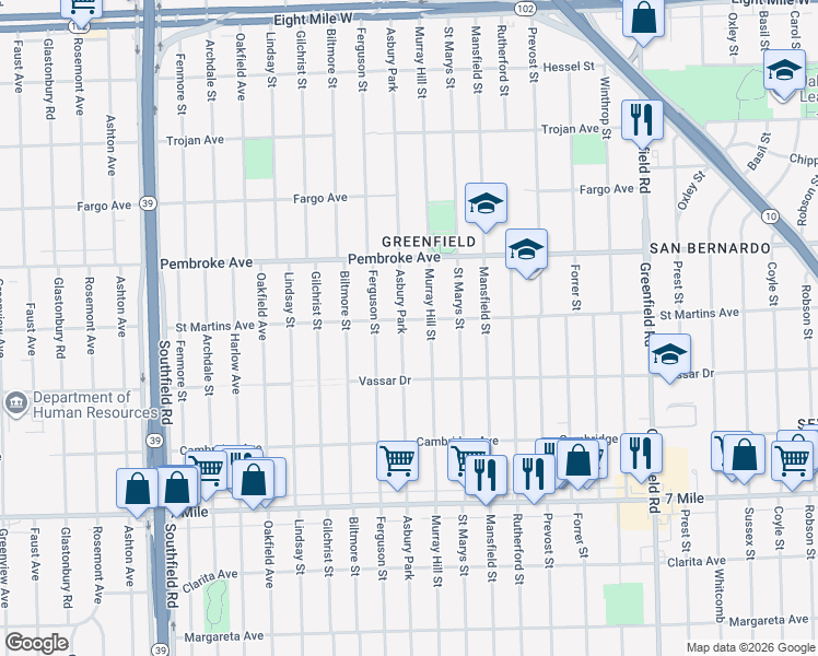 map of restaurants, bars, coffee shops, grocery stores, and more near 19474 Asbury Park in Detroit