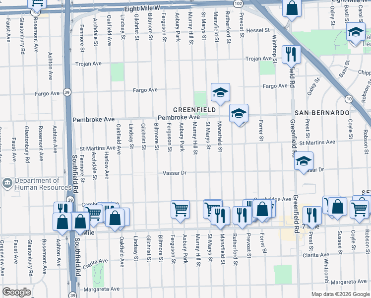 map of restaurants, bars, coffee shops, grocery stores, and more near 19474 Asbury Park in Detroit