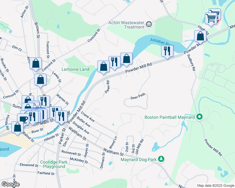 map of restaurants, bars, coffee shops, grocery stores, and more near 312 Dawn Road in Maynard