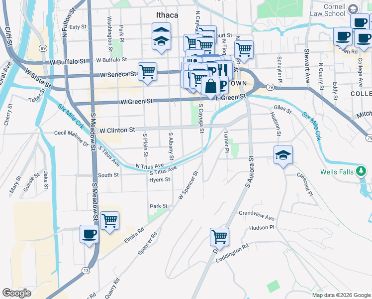 map of restaurants, bars, coffee shops, grocery stores, and more near 339 South Geneva Street in Ithaca