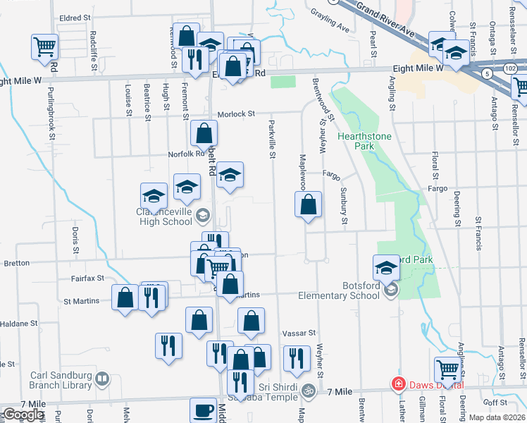 map of restaurants, bars, coffee shops, grocery stores, and more near 19907 Parkville Street in Livonia