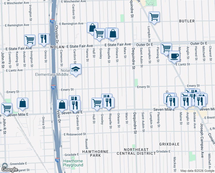 map of restaurants, bars, coffee shops, grocery stores, and more near 19303 Riopelle Street in Highland Park