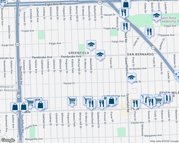 map of restaurants, bars, coffee shops, grocery stores, and more near 19481 Mansfield Street in Detroit