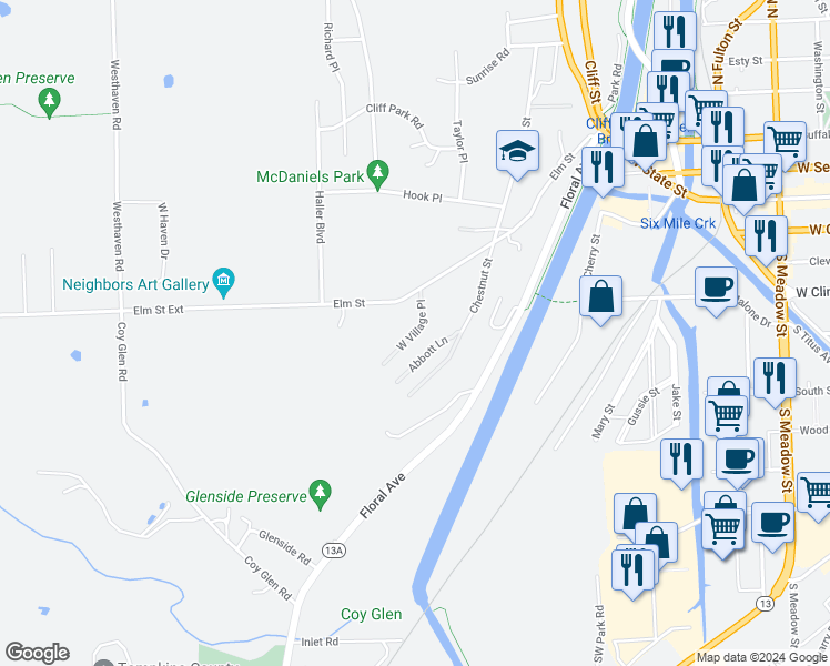 map of restaurants, bars, coffee shops, grocery stores, and more near West Village Place in Ithaca