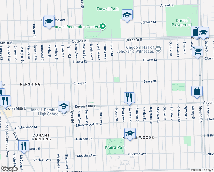 map of restaurants, bars, coffee shops, grocery stores, and more near 19215 Eureka Street in Detroit