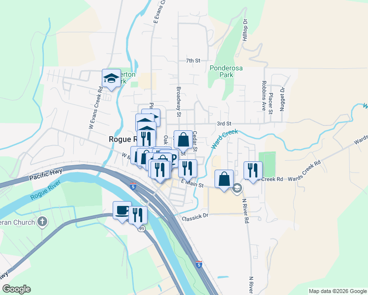 map of restaurants, bars, coffee shops, grocery stores, and more near 145 Cedar Street in Rogue River