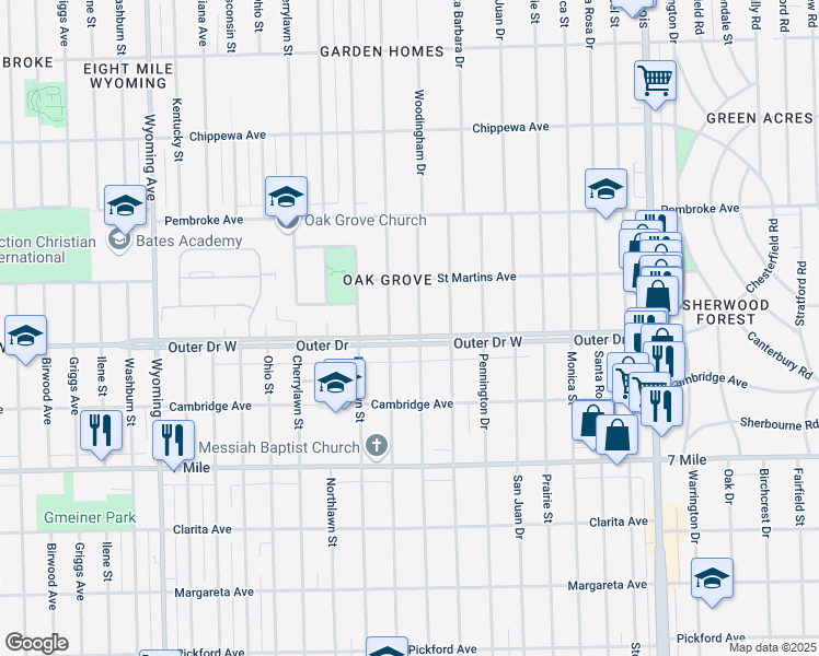map of restaurants, bars, coffee shops, grocery stores, and more near 3401 Outer Drive West in Detroit